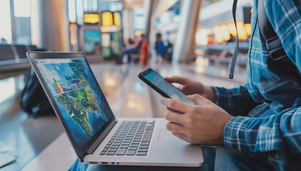 Man using a laptop and smartphone for booking hotel online. Sitting in an airport. Tour reservation, Booking online concept.