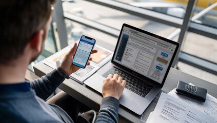 A man is sitting at an airport desk with a laptop and holding his phone in one hand, the screen of the iPhone showing a bank portal on it