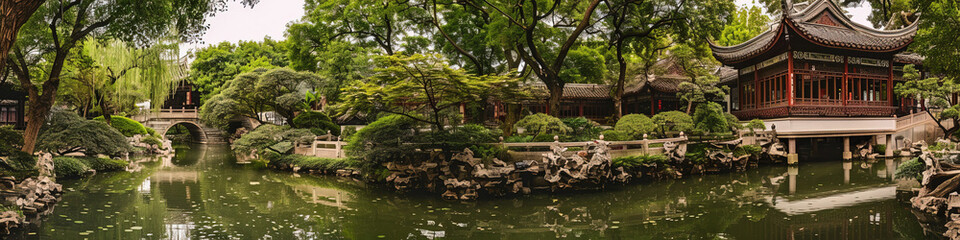 China Suzhou garden landscape banner,created with Generative AI tecnology.