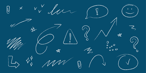 Hand drawn doodle vector set. Smile, arrow, star, scribble, question mark, exclamation mark, triangle, clip. Business vector illustration.