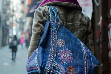 embroidered denim handbag on a models shoulder, urban background