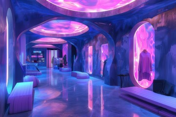 Fashion technology pop-up store Inside the Metaverse Royal blue, pink and purple, spaceship architecture.	