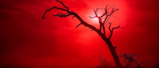   A red sky appears overhead, casting a warm glow over the landscape In the foreground, a tall, barren tree stands out, its stark contrast to the lush surroundings only adding