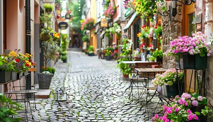 Fototapeta na wymiar Charming cobblestone street with colorful flowers in an old European city