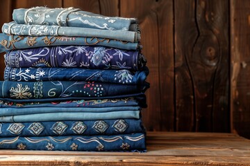 stack of various embroidered denim clothes on a wooden table