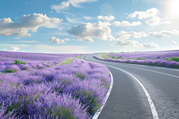 A road with a purple field on either side