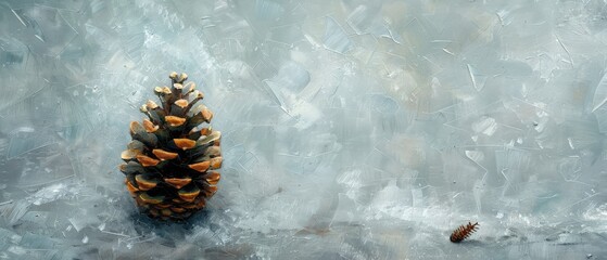   A pine cone rests atop a wooden table, beside a slice of fruit