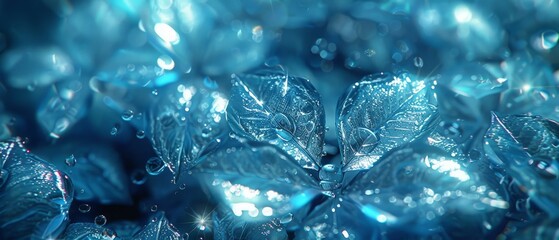   A macro shot of numerous leaves adorned with dewdrops on their surfaces and droplets of water glistening on them