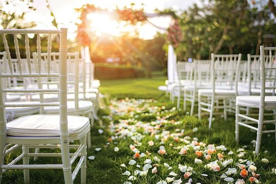 A white lawn with chairs set up in a row