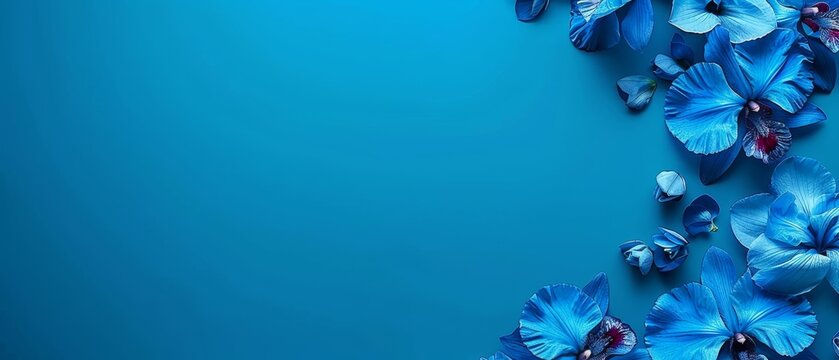   Blue background with blue flowers at the bottom, and blue flowers on top of the bottom of the image