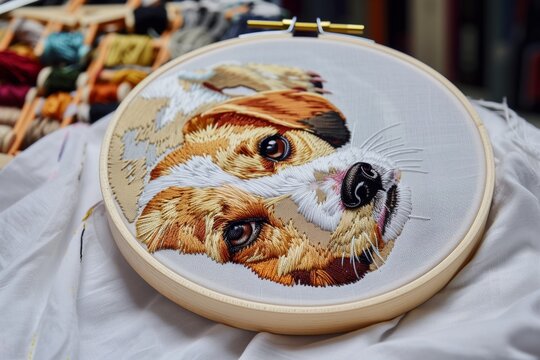 hoop with a pet portrait midway through embroidery