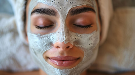 Woman with facial mask enjoying a spa treatment. - 769810457