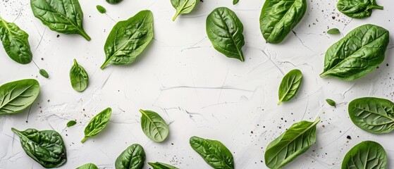   A pile of green spinach leaves arranged on a white background with a light scattering of salt - obrazy, fototapety, plakaty