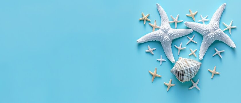   Two starfishs and a seashell on a blue background with a starfish in the center of the image