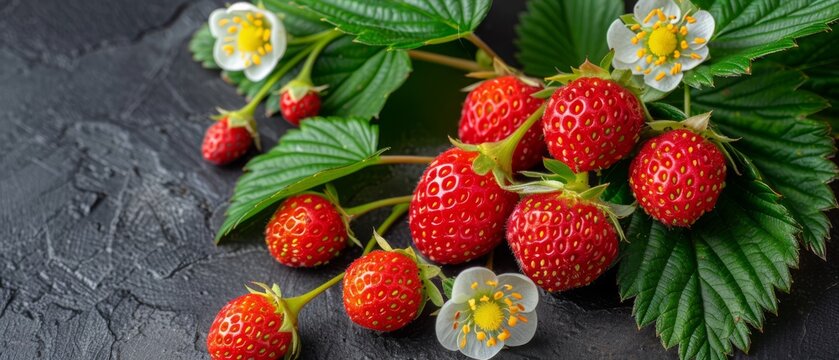   A cluster of red strawberries with green foliage and white blossoms on a dark background, featuring a central white bloom in the photo