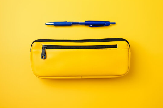 Trousse d'&eacute;cole jaune. Concept de rentr&eacute;e scolaire, trousse &agrave; crayons et fournitures scolaires. Vue de dessus fond jaune.