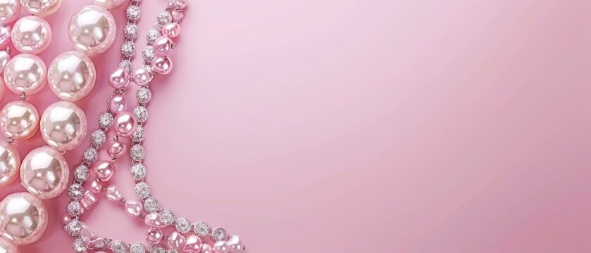   A pink background with a collection of pearls on it, adorned with a chain of pearls below