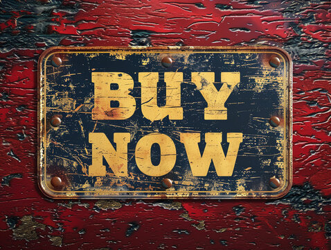Vintage-style "Buy Now" button with a worn texture, gold lettering on a dark red background. High-resolution digital photo.