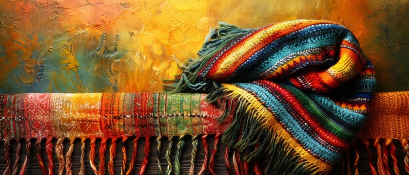   A vibrant blanket, colorful and cozy, rests atop a nearby table, complementing a stunning painting featuring hues of yellow, red, blue, green, and orange