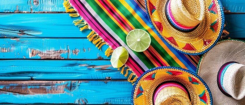   Sombreros, a lime, and a straw hat lay on a blue wooden planks background
