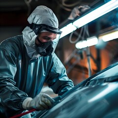 Skilled Automotive Painter Spraying Car Body in Industrial Paint Chamber Using Protective Workwear and Respirator