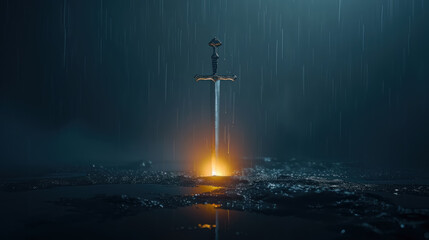 Naklejka premium A sword forged from the tears of the wronged, glowing brighter with each act of justice, sheathed in a scabbard of hope.