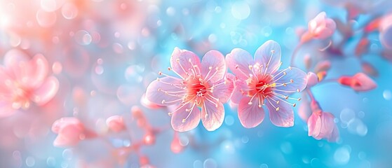   Pink flowers on blue-pink background with water droplets
