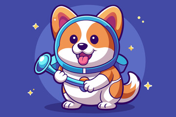 cute baby Corgi wearing a spacesuit is using its teeth to bite a bone-shaped toy