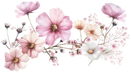 Delicate Pink and White Cosmos Flowers in Watercolor Design