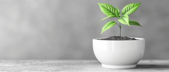   A tiny pot with a verdant foliage atop a pristine pedestal on a table against a monochromatic backdrop