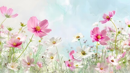 Obraz na płótnie Canvas Delicate Watercolor Cosmos Flowers in Soft Pink and White Hues Forming a Serene Floral Backdrop