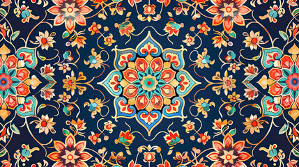 Floral Mughal Indian Muslim Beautiful Seamless Symmetrical Pattern on Dark Colored Background Wallpaper Template 16:9