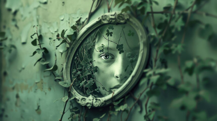 A mirror that shows the consequences of one's actions, framed in vines that flower with acts of kindness, in a chamber of reflection. - obrazy, fototapety, plakaty
