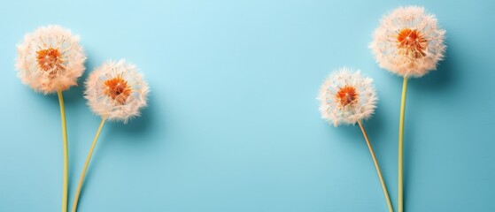   Three dandelions on a blue background with one dandelion in the center