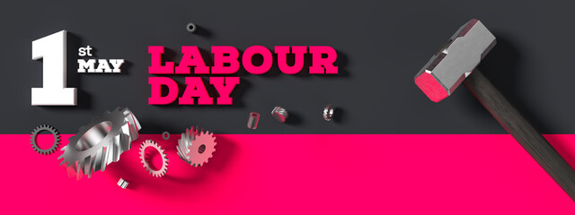 Labour day background design with hammers isolated on dark background. 1st May Labour day background. 3D illustration - 769812023