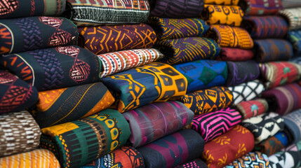 Vibrant piles of traditional African textiles with intricate patterns, symbolizing regional craftsmanship - obrazy, fototapety, plakaty