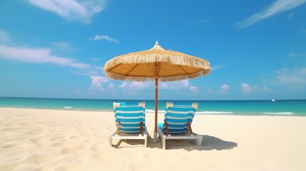 Fototapeta na wymiar Beach holiday lounging chairs under sun umbrella vacation background 