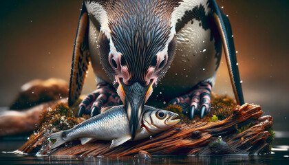 Penguin Feeding on Fish , macro photography , wildlife natural background.
