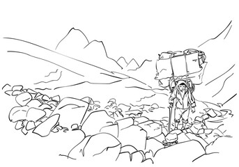 Nepalese porter carries an extremely large load in the high mountains, Hand drawn illustration, Vector sketch, Hard working people