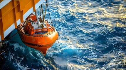 Orange lifeboat hanging from a large ship with a blue ocean in the background