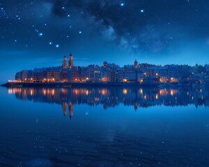 Fototapeta na wymiar Port city with mirror reflection and starry sky