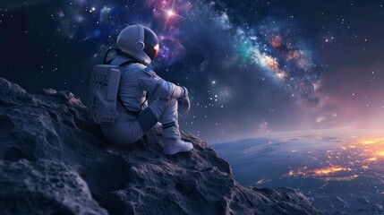 astronaut sitting watching the sky - obrazy, fototapety, plakaty