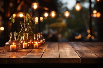 Illuminated Wooden Table With Lit Candles Generative AI