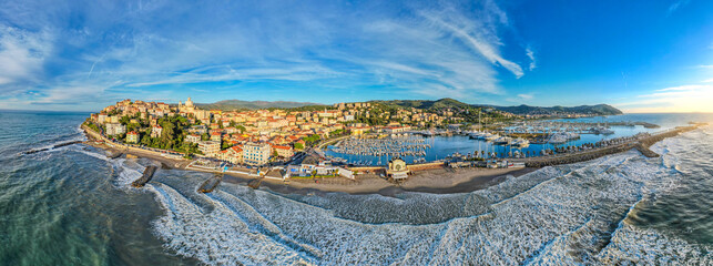 Imperia, Italy - Aerial view of Yahcts in thre Marina on the Mediterranean Sea at sunrise  - obrazy, fototapety, plakaty