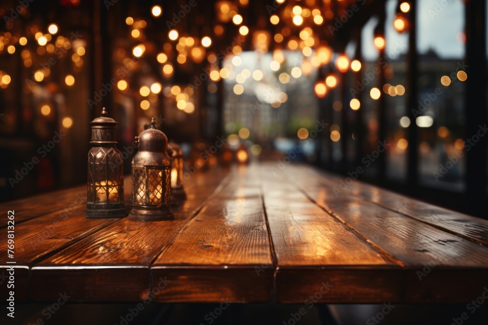 Poster two lanterns illuminating wooden table generative ai