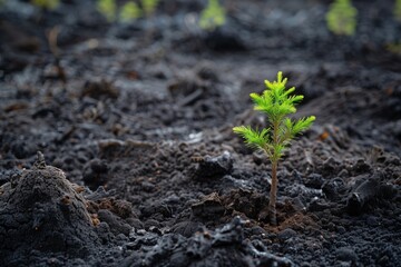 a single, green sapling in a sea of ashcovered ground - obrazy, fototapety, plakaty