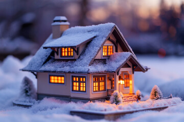 A charming craftsman-style miniature house with a snow-covered roof and a warm glow emanating from...