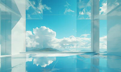 Blue large white walls and floor, in the style of windows vista, realistic scenery, photorealistic landscapes, spatiality, sky-blue, contemporary glass