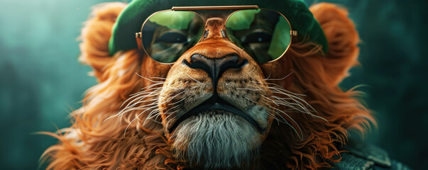 Cute lion wearing a St Patrick's Day hat and sunglasses. St Patrick's day sale or party banner - obrazy, fototapety, plakaty
