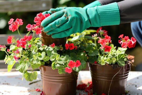 individual wearing gloves potting geraniums on a patio